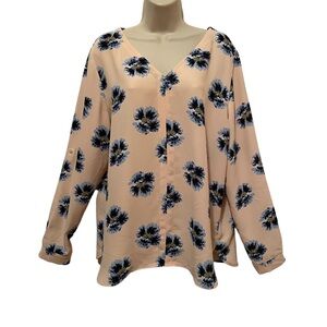 Loft Women’s Floral Blouse Roll Tab Sleeves Size L Peachy Pink Vneck